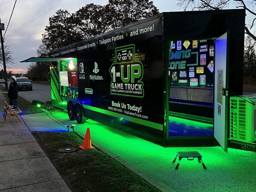 Exterior LED “arcade” atmosphere lights for nighttime parties!
